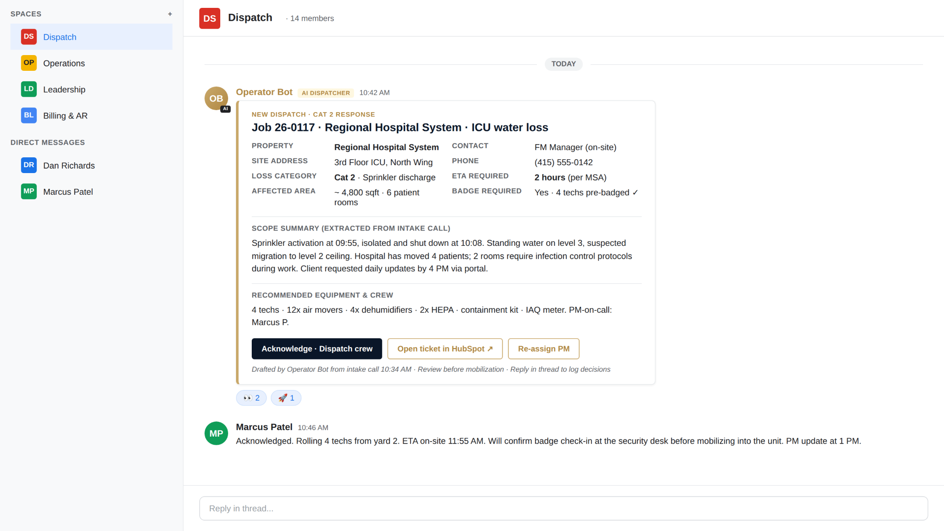 AI-generated dispatch alert for a Cat 2 water response, posted to a Google Chat dispatch room with PM acknowledgment.